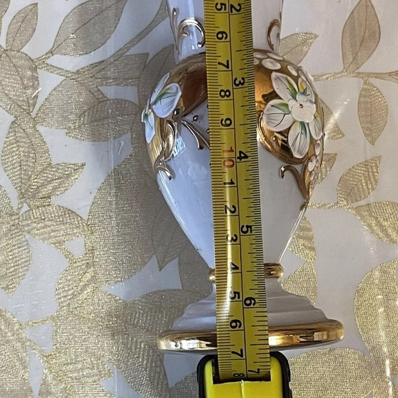Vintage Czech Bohemian Enamel White Gold Glass Floral Raffle Vase 6” - Picture 5 of 7